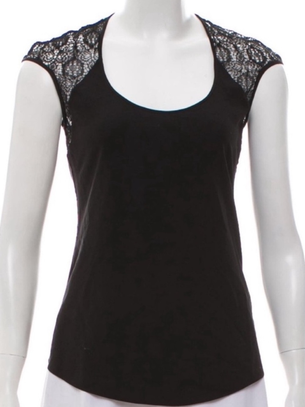 Helmut Lang Black Cotton Blend Scoop Neck Cap Sleeve Lace Back Panel Top P